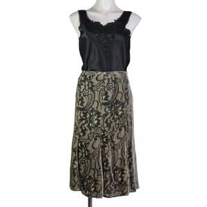 y2k Silk Midi Skirt Velvet Burnout Size 12 Black Silver Whimsigoth Office Siren